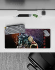 28x12 inches anime mouse pad in purple glow and cold steel highlights, intense clean look for gaming.
