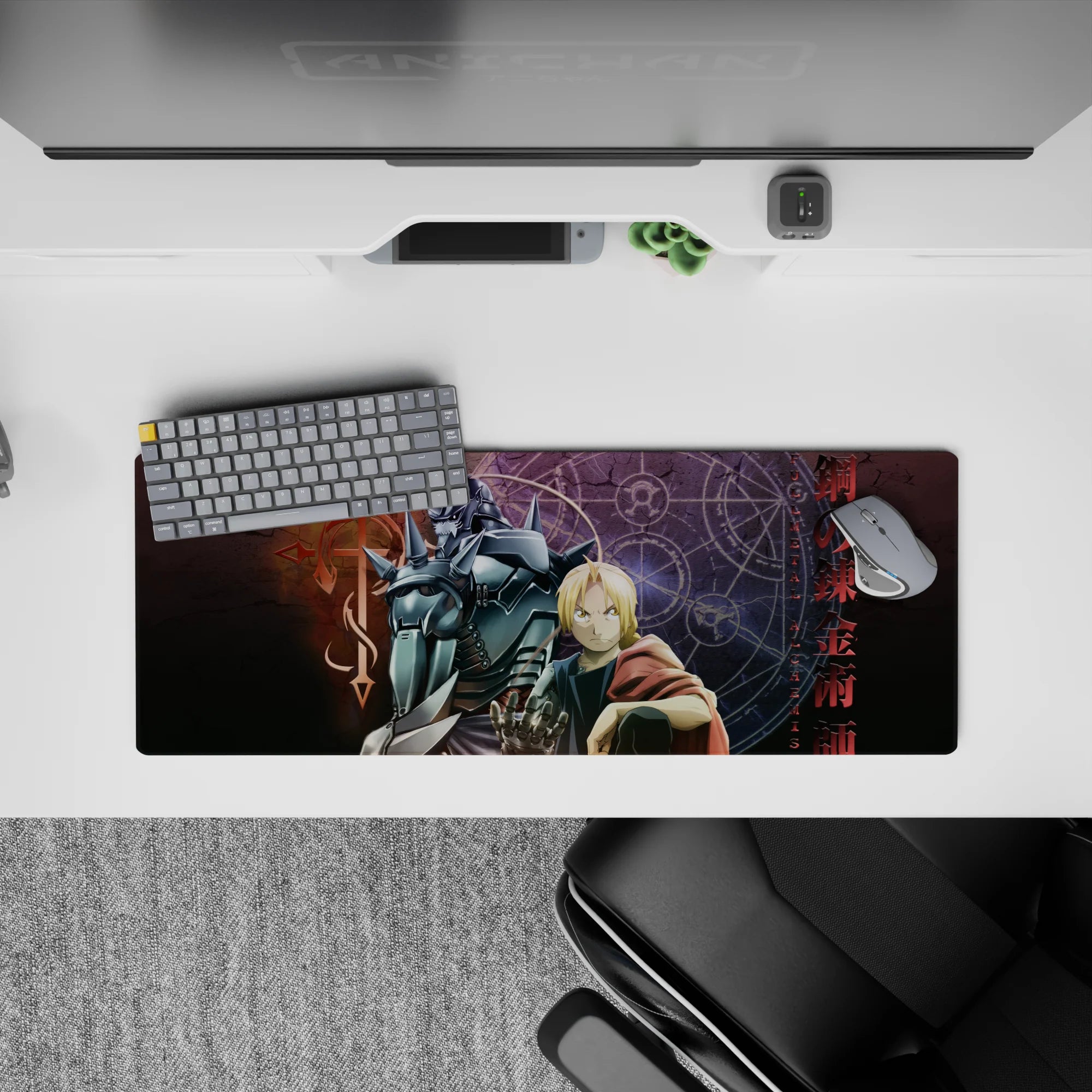 Purple glow anime mouse pad 32x12 inches, cracked stone backdrop, cold steel highlights, dramatic.