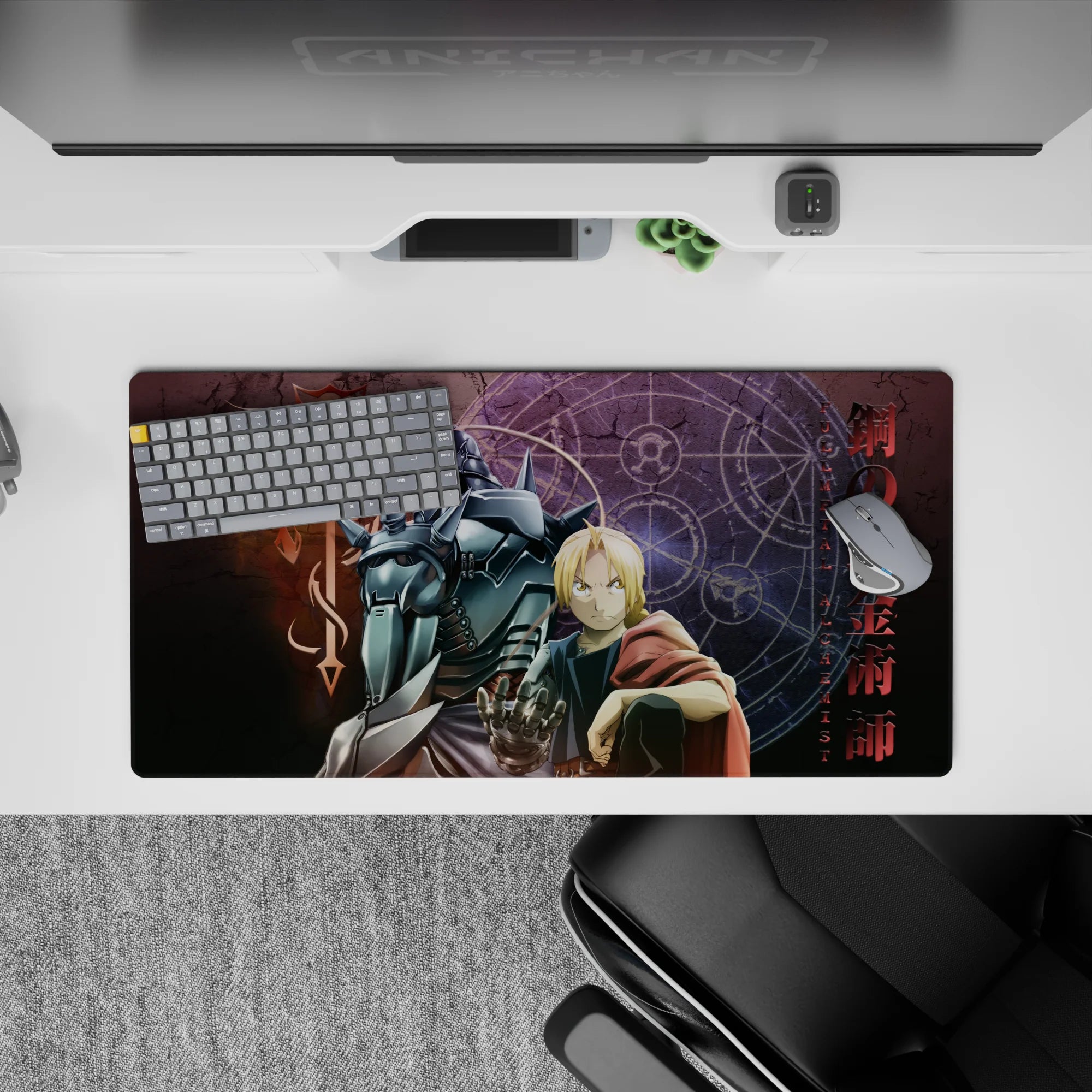 Purple glow transmutation circle desk mat 32x16 inches, cold steel highlights and rich late-night color.
