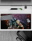 Purple glow transmutation circle desk mat 32x16 inches, cold steel highlights and rich late-night color.
