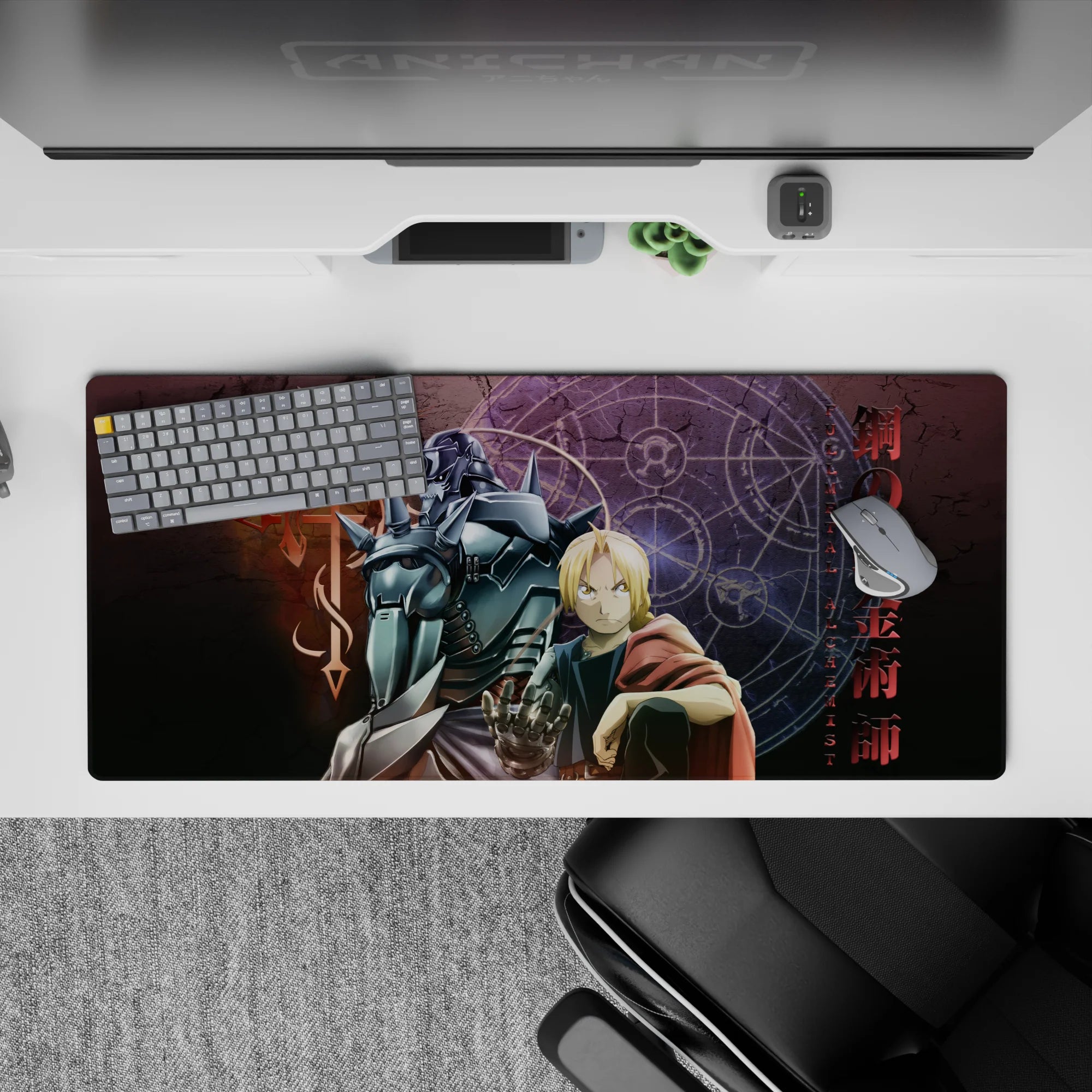 36x16 inches anime desk pad with purple transmutation glow, cold steel highlights, intense clean look.
