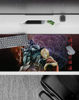 36x16 inches anime desk pad with purple transmutation glow, cold steel highlights, intense clean look.