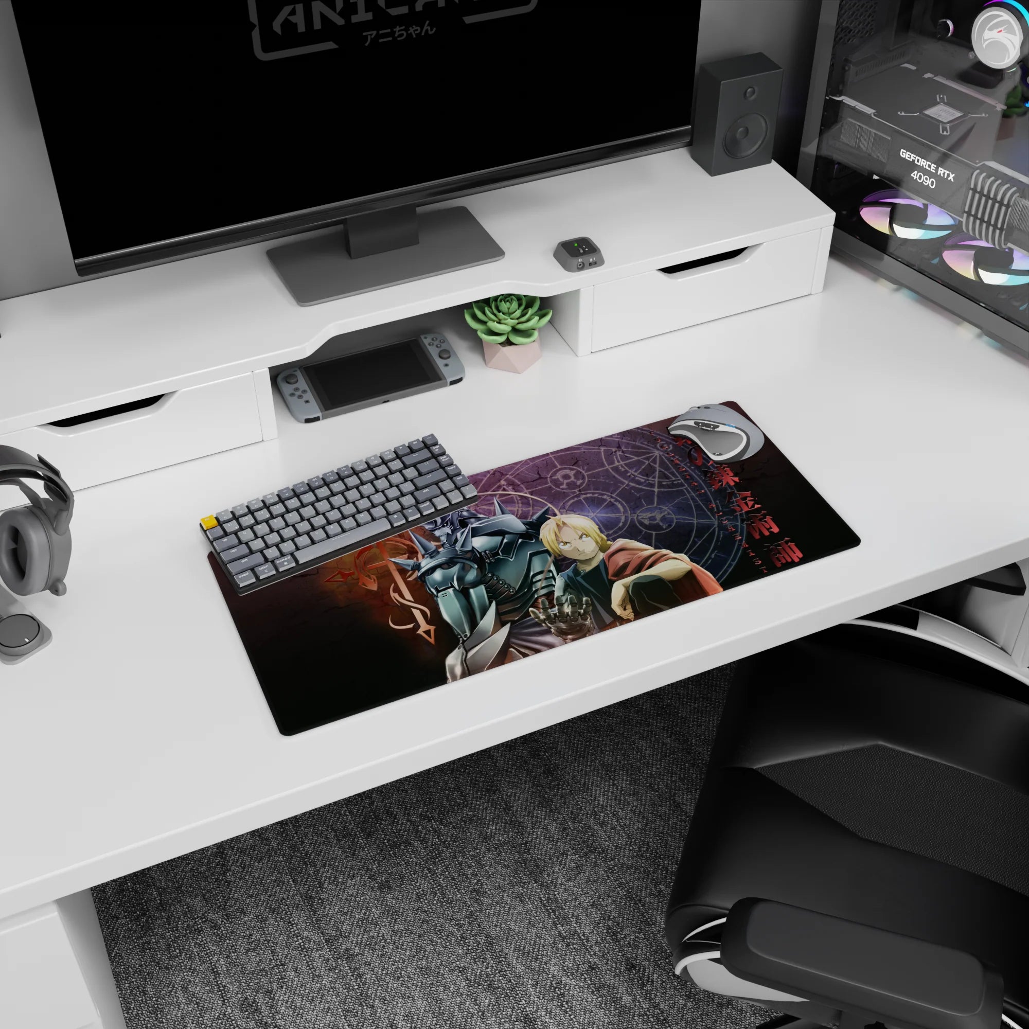 28x12 inches Fullmetal Alchemist mouse pad: Edward raises glove up front, Alphonse armored behind.