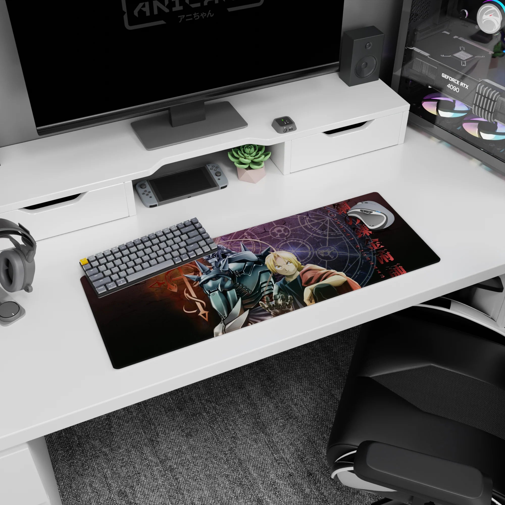 Edward Elric front with raised glove, Alphonse in armor behind, anime mouse pad 32x12 inches.