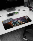 Edward Elric front with raised glove, Alphonse in armor behind, anime mouse pad 32x12 inches.