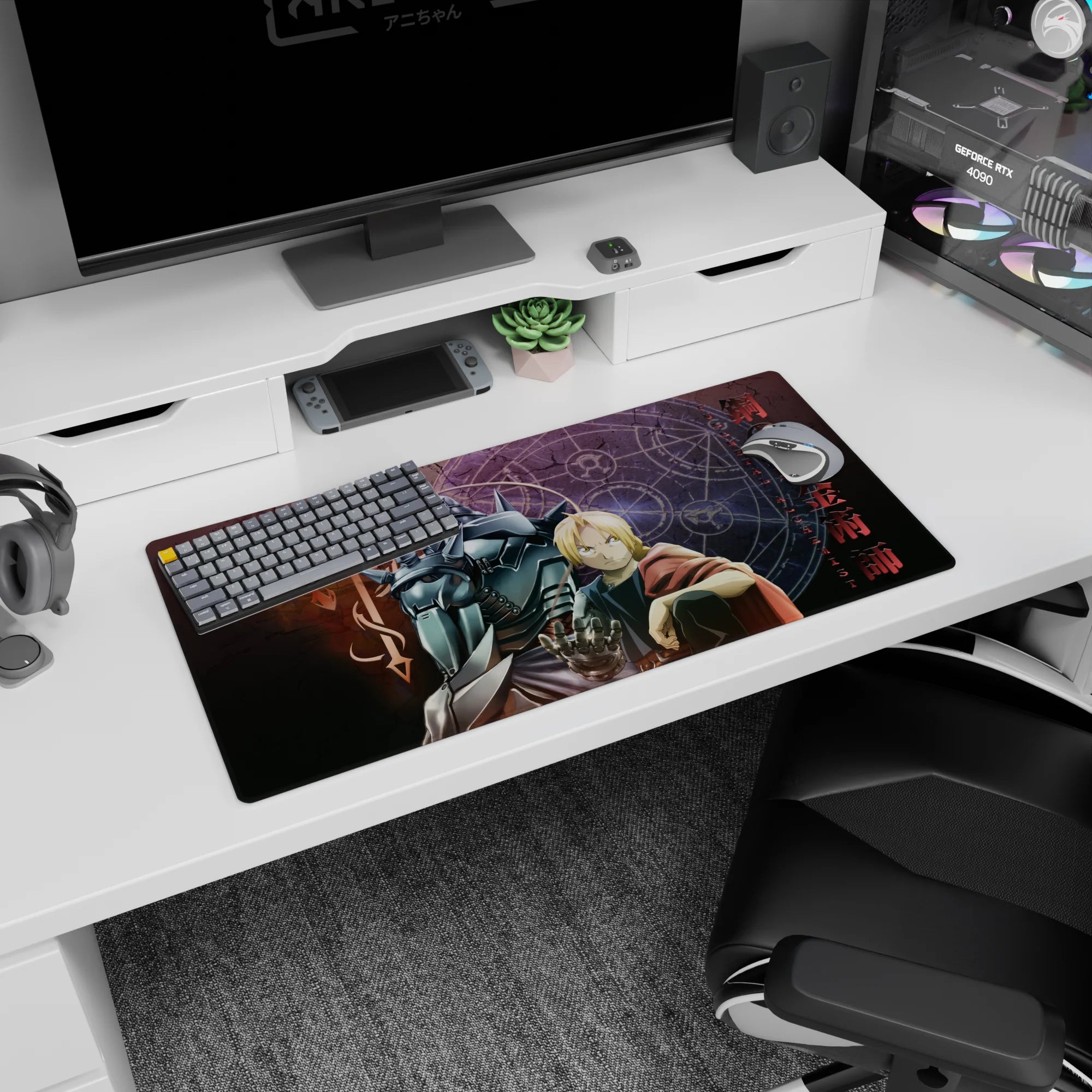 Edward Elric front pose with raised glove and Alphonse in armor behind on 32x16 inches anime mouse pad.