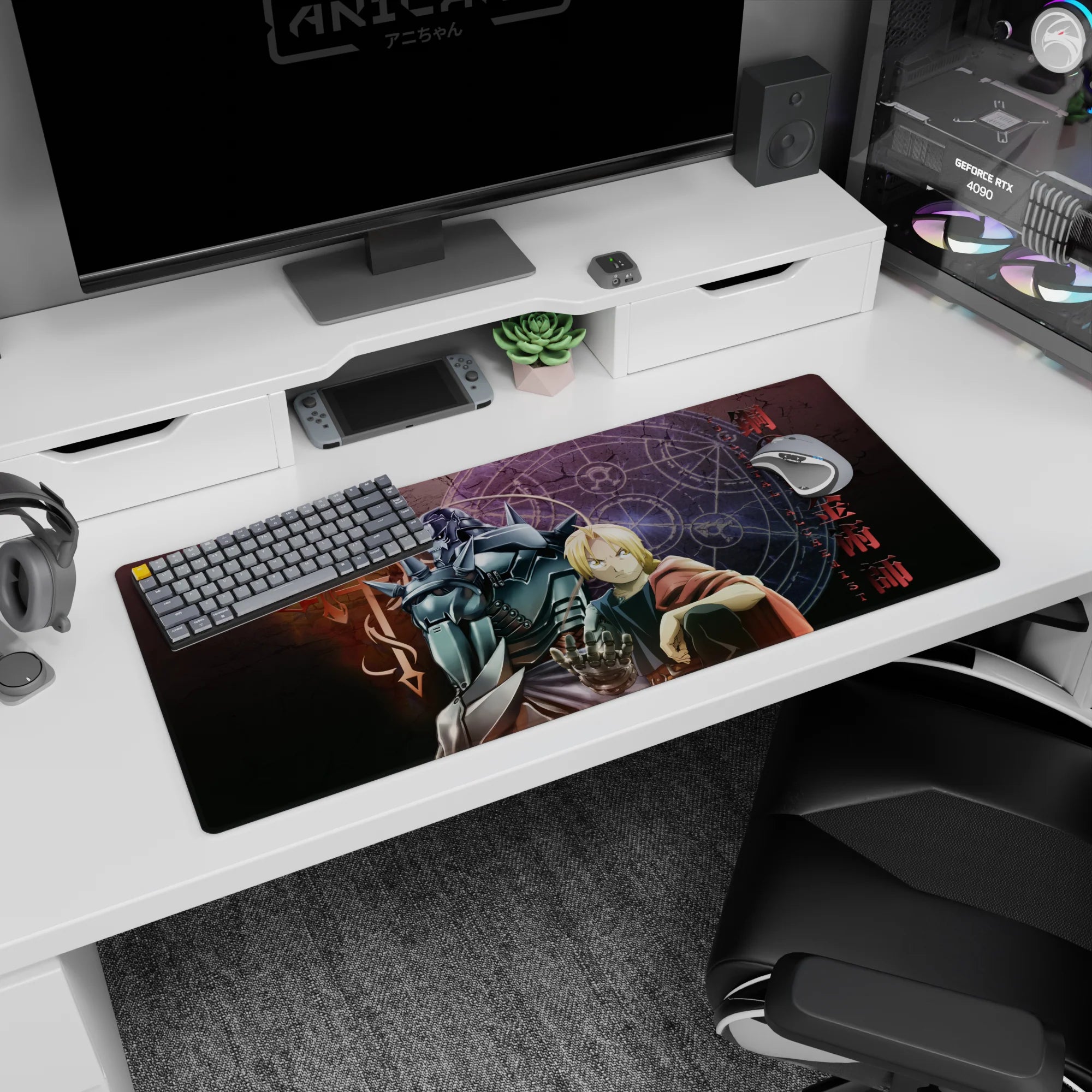 36x16 inches desk pad showing Edward Elric with raised glove and Alphonse in armor behind him.