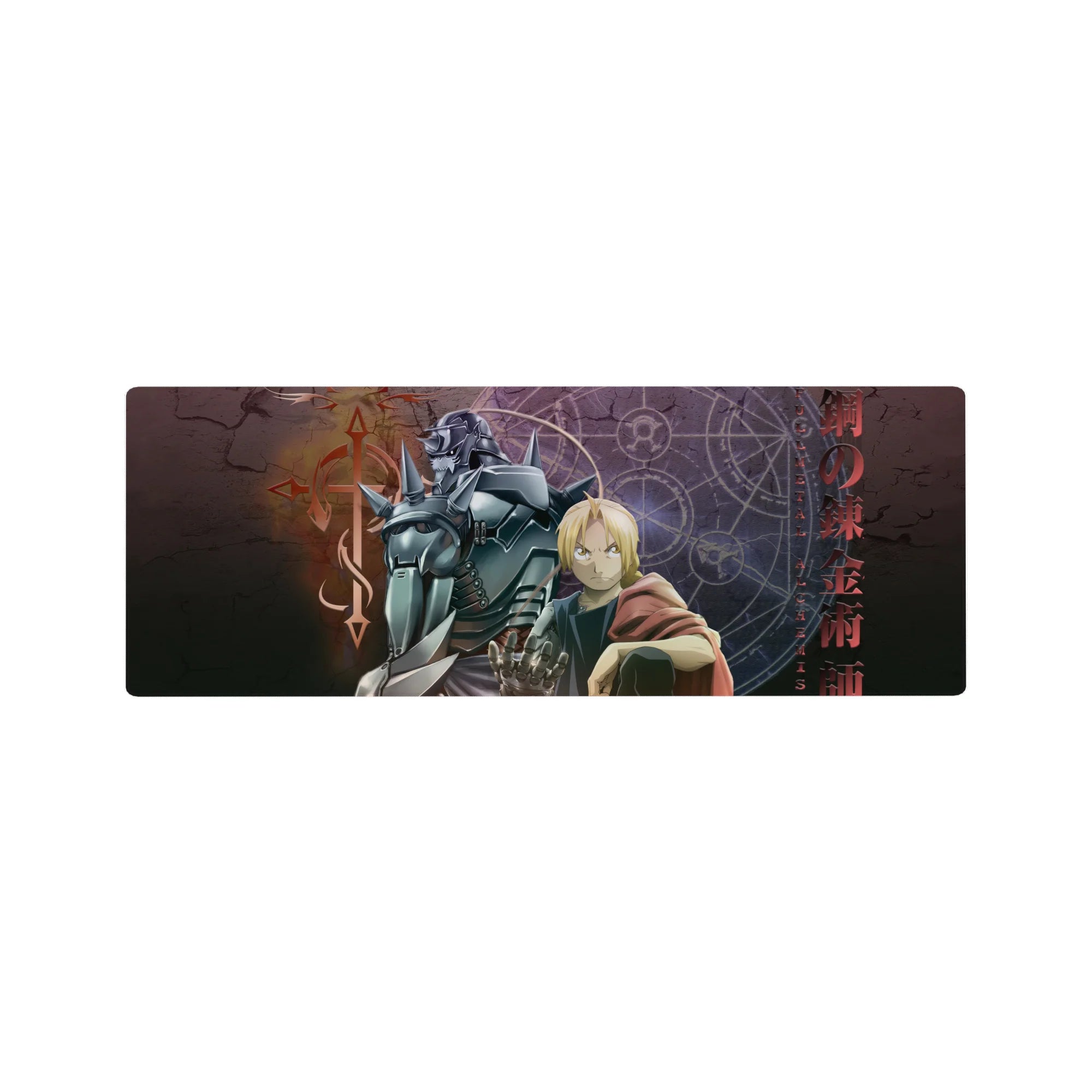Fullmetal Alchemist anime mouse pad 32x12 inches with Edward and Alphonse, kanji, glowing circles.