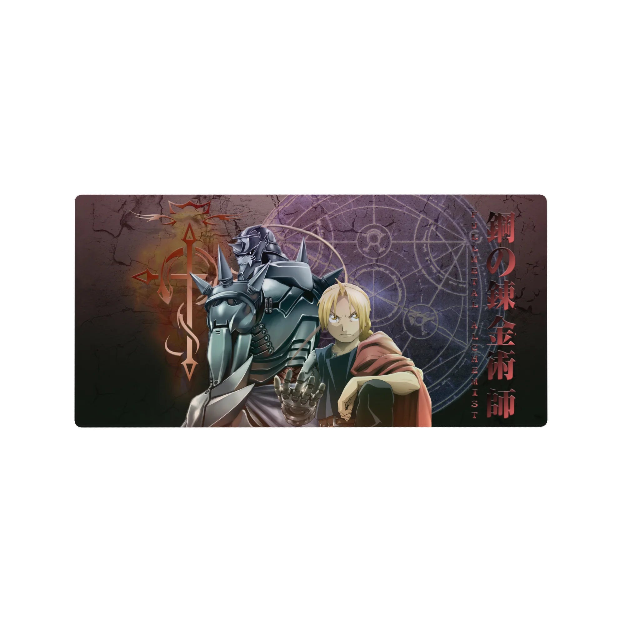 Fullmetal Alchemist anime mouse pad 32x16 inches with Ed and Al, kanji side frame, stone backdrop.