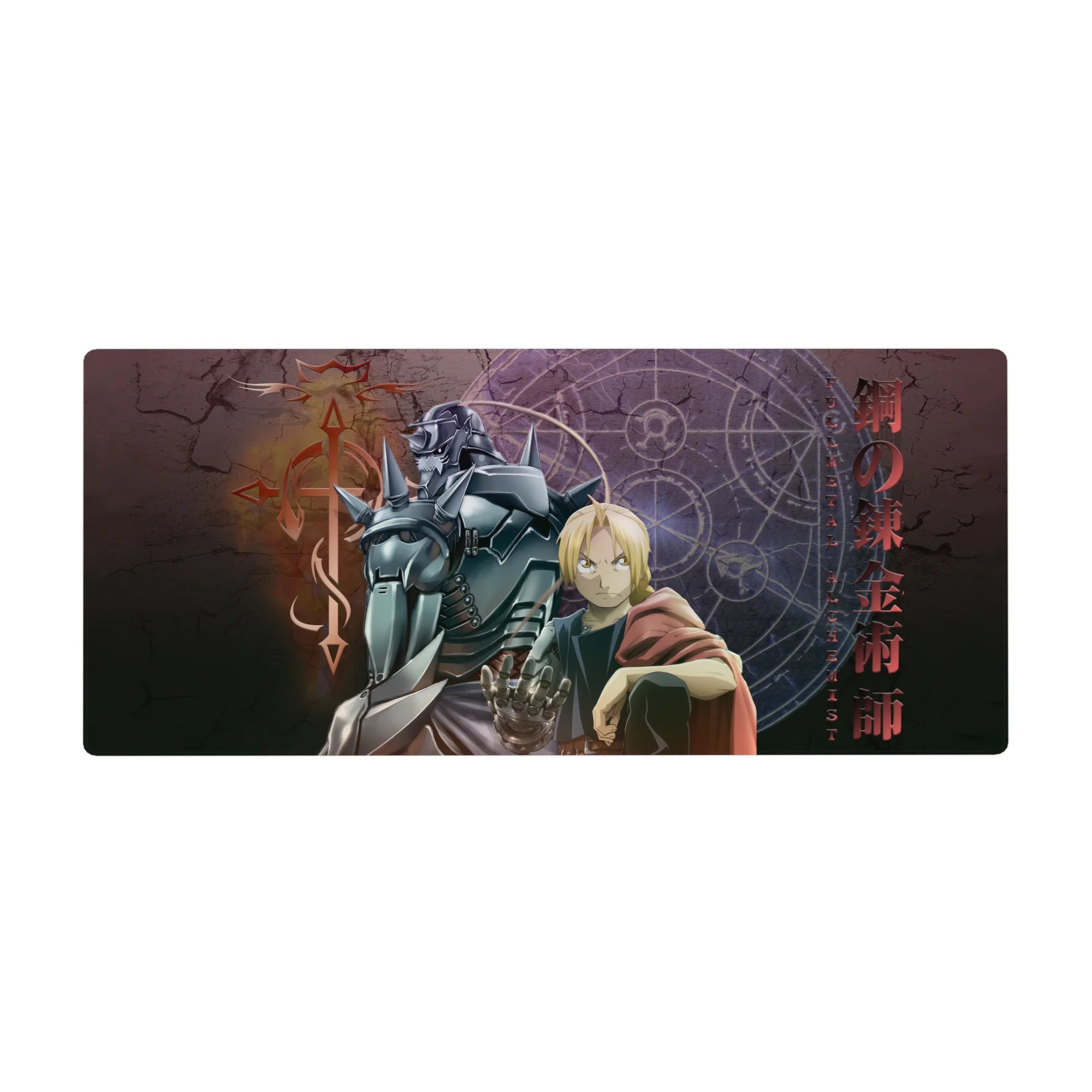 Fullmetal Alchemist anime desk pad 36x16 inches with Ed and Al, kanji border, stone backdrop.