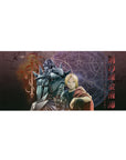 Fullmetal Alchemist anime desk pad 36x16 inches with Ed and Al, kanji border, stone backdrop.