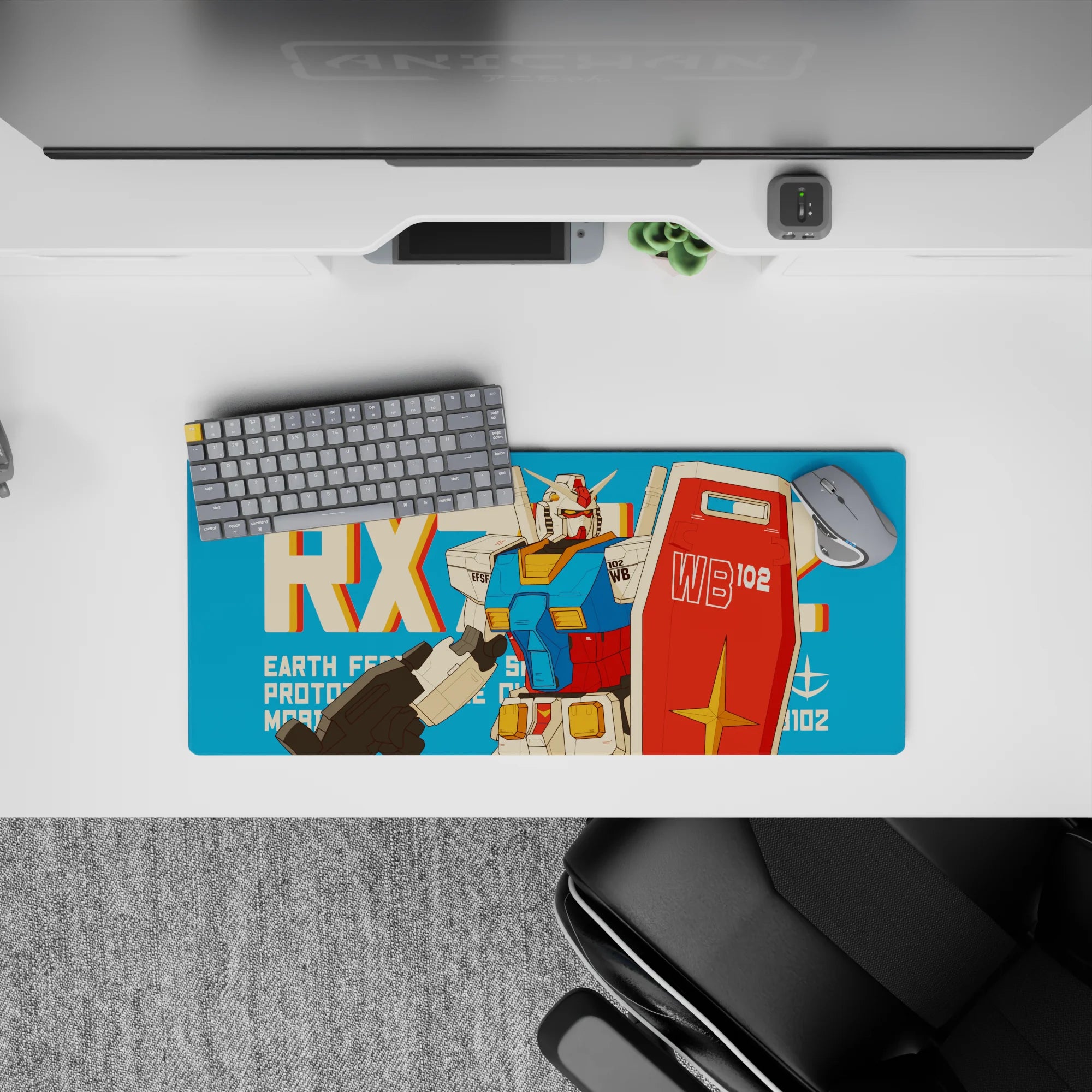 Teal background anime mouse pad 28x12 inches with retro red, white, and yellow panels, fun vibe.