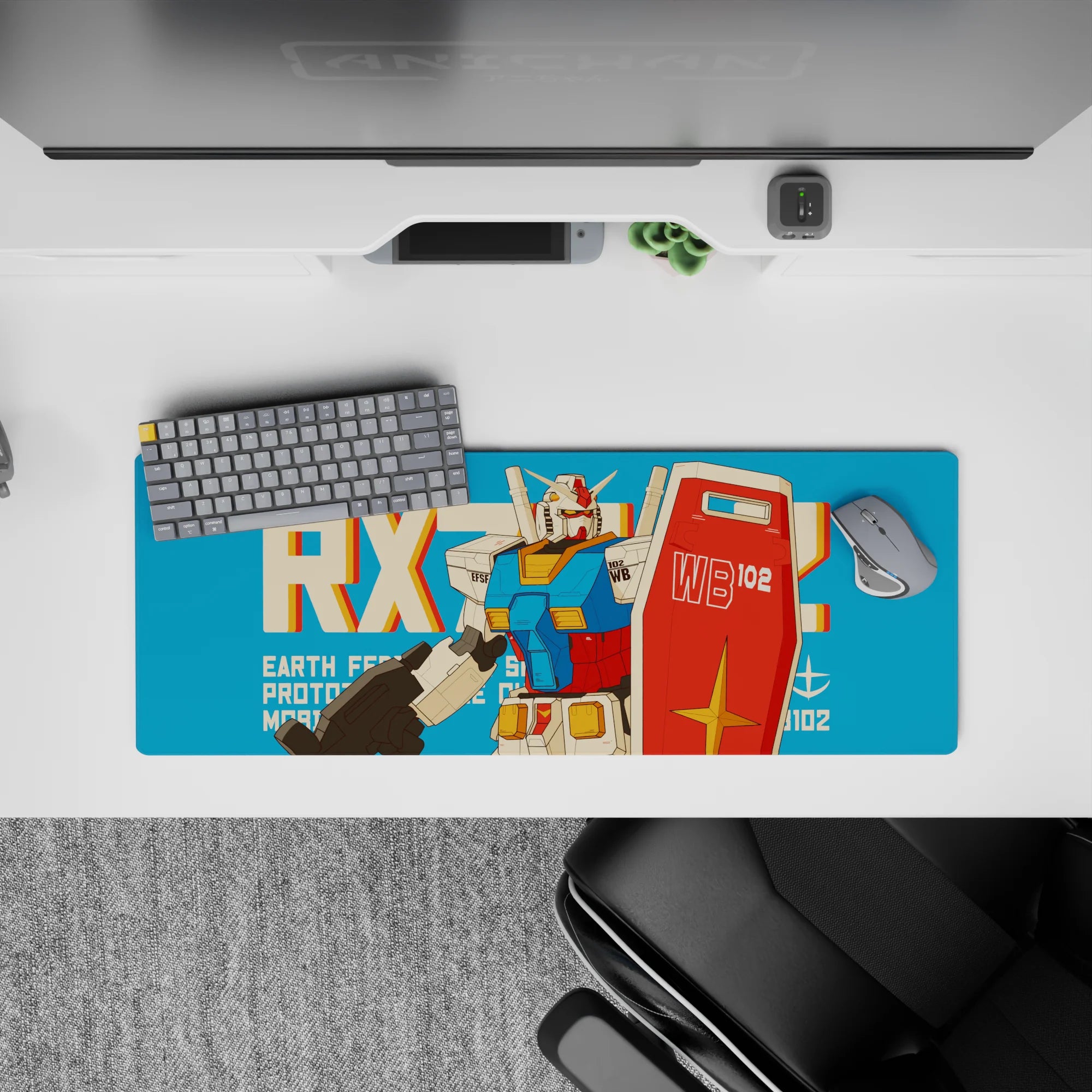 Teal background with candy-red, white, and yellow panels on anime mouse pad 32x12 inches, smooth glide.