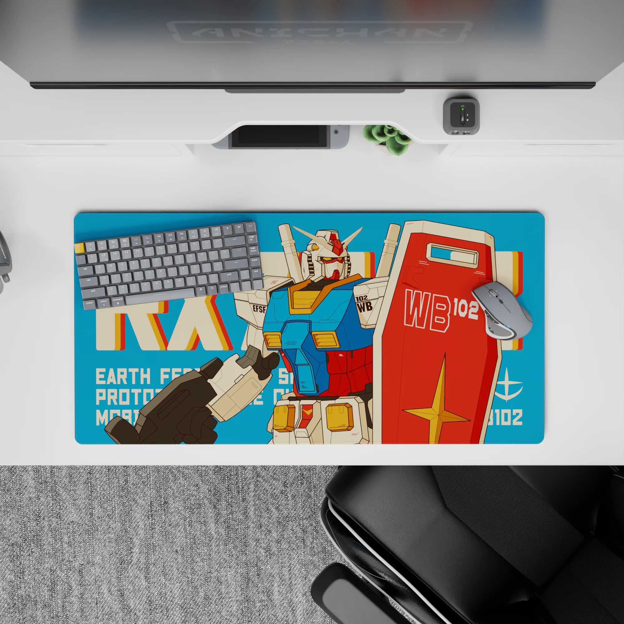 32x16 inches anime mouse pad in bold teal with candy-red, white, and sunny yellow retro panels.