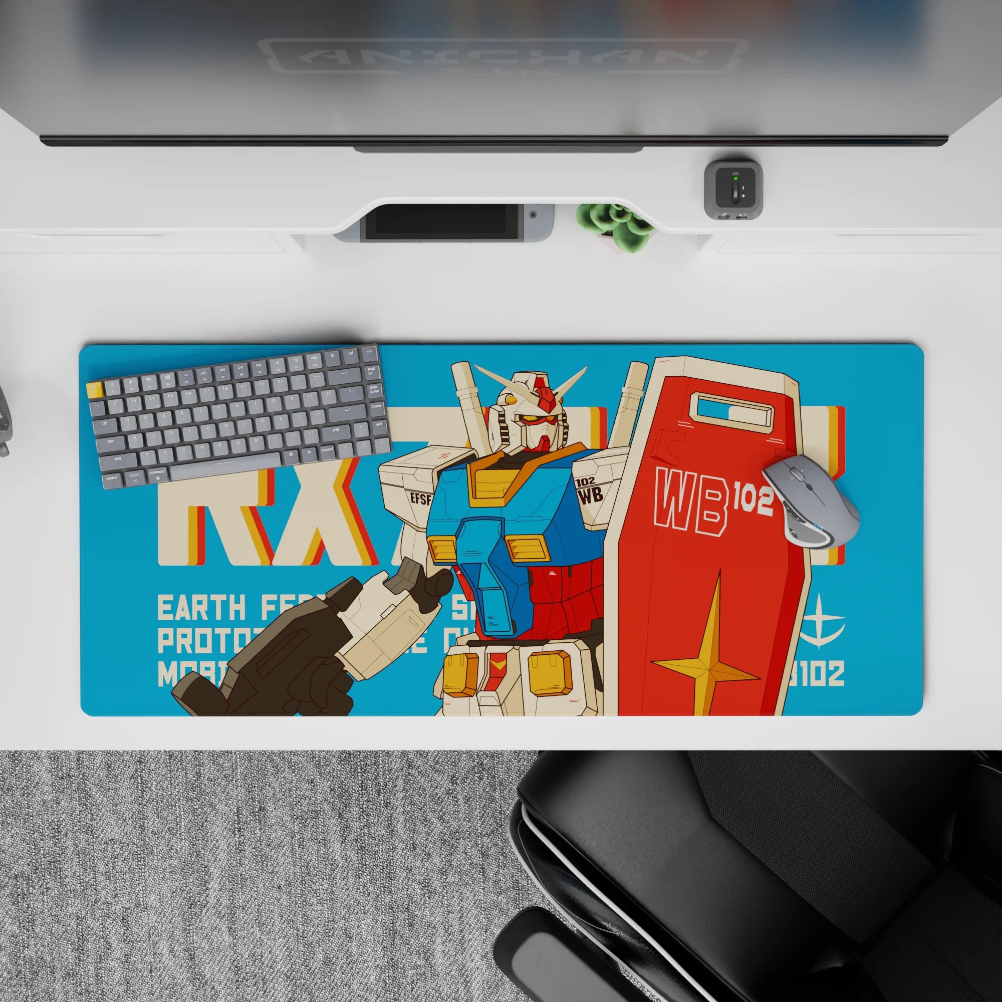 Retro teal background desk pad 36x16 inches with candy-red, white, and sunny yellow anime panels.