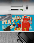 Retro teal background desk pad 36x16 inches with candy-red, white, and sunny yellow anime panels.