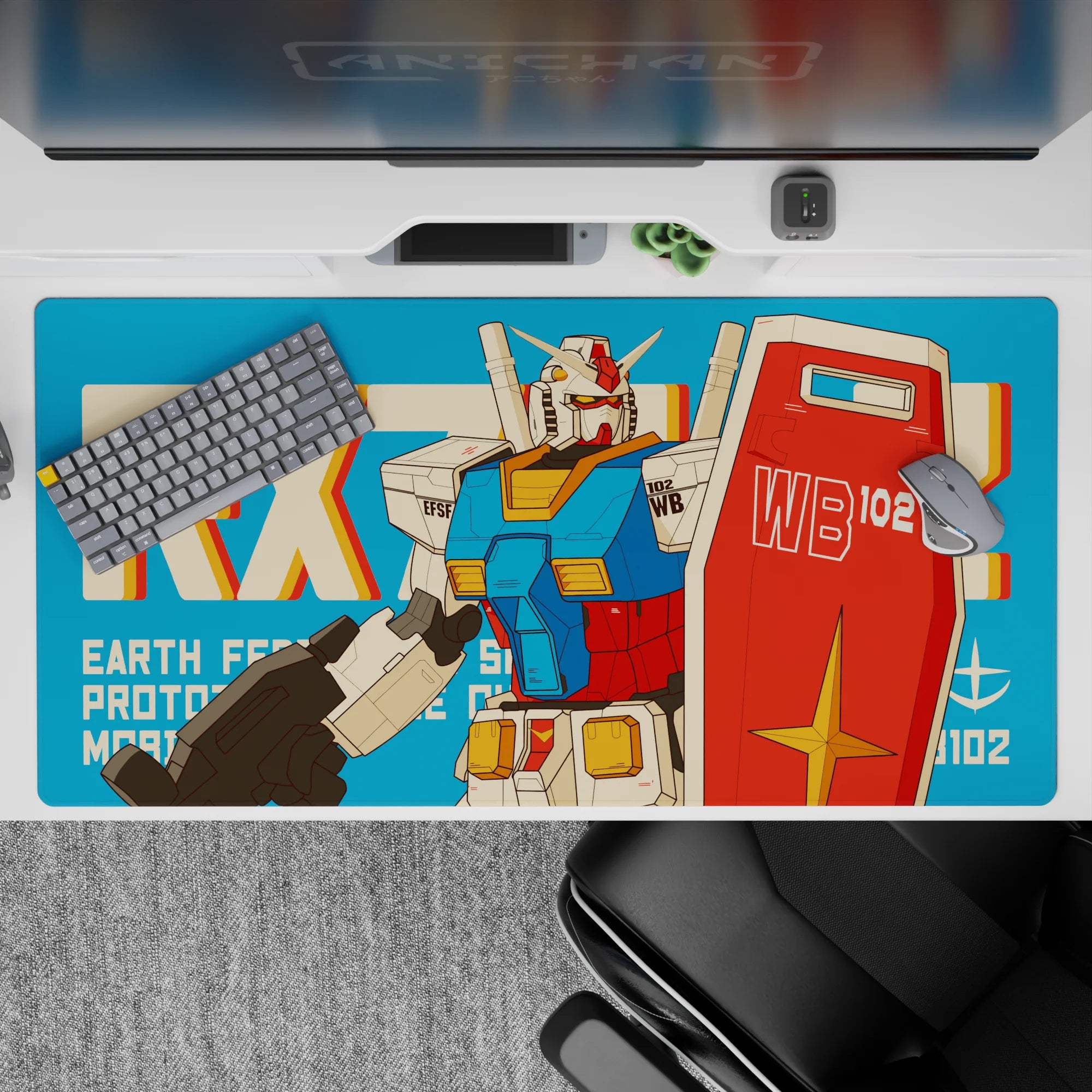 Teal background anime desk pad 40x20 inches with red, white, and yellow panels for a fun retro vibe.