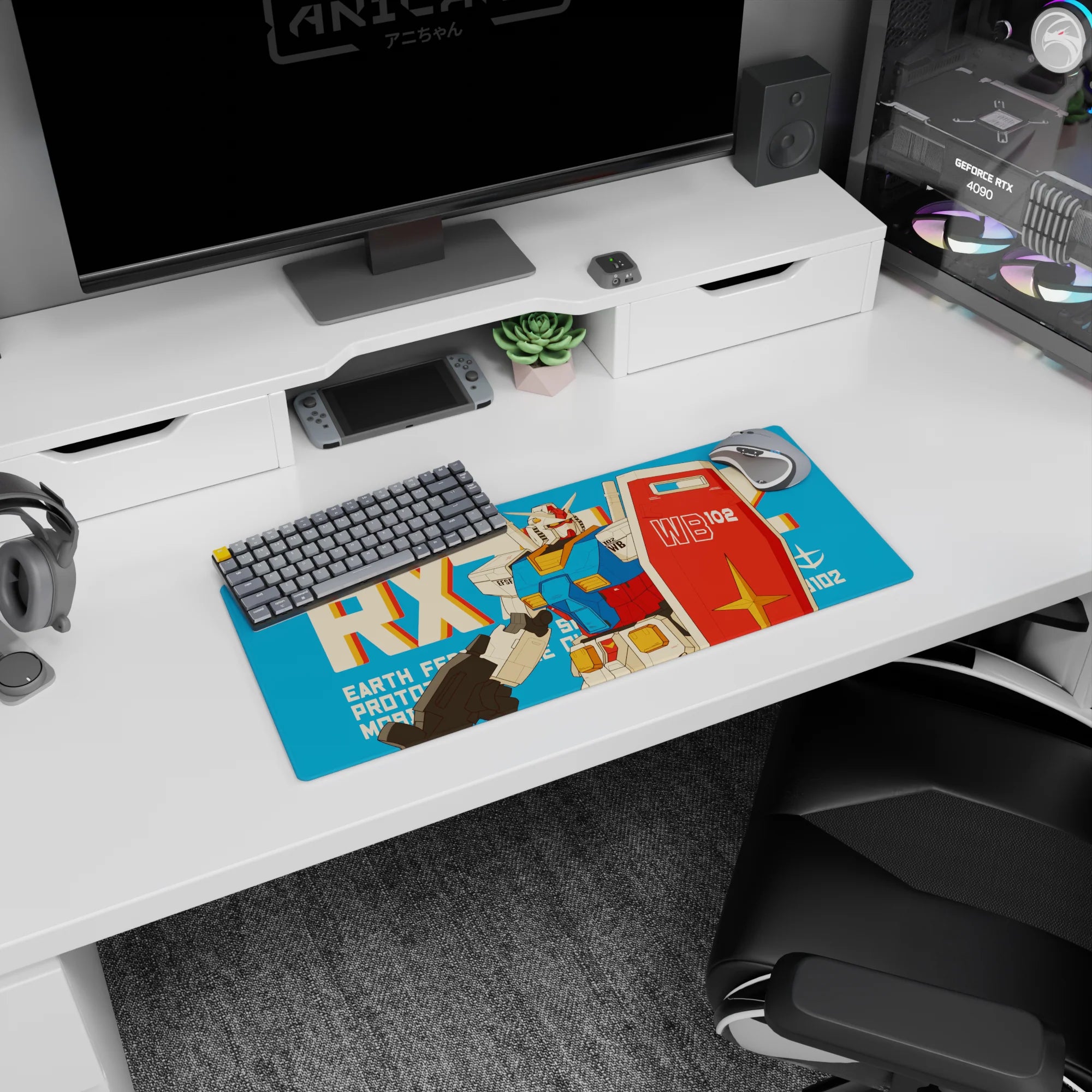 Mobile Suit Gundam RX-78-2 stands guard on anime mouse pad 28x12 inches, shield up, rifle ready.
