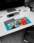 Mobile Suit Gundam RX-78-2 stands guard on anime mouse pad 28x12 inches, shield up, rifle ready.