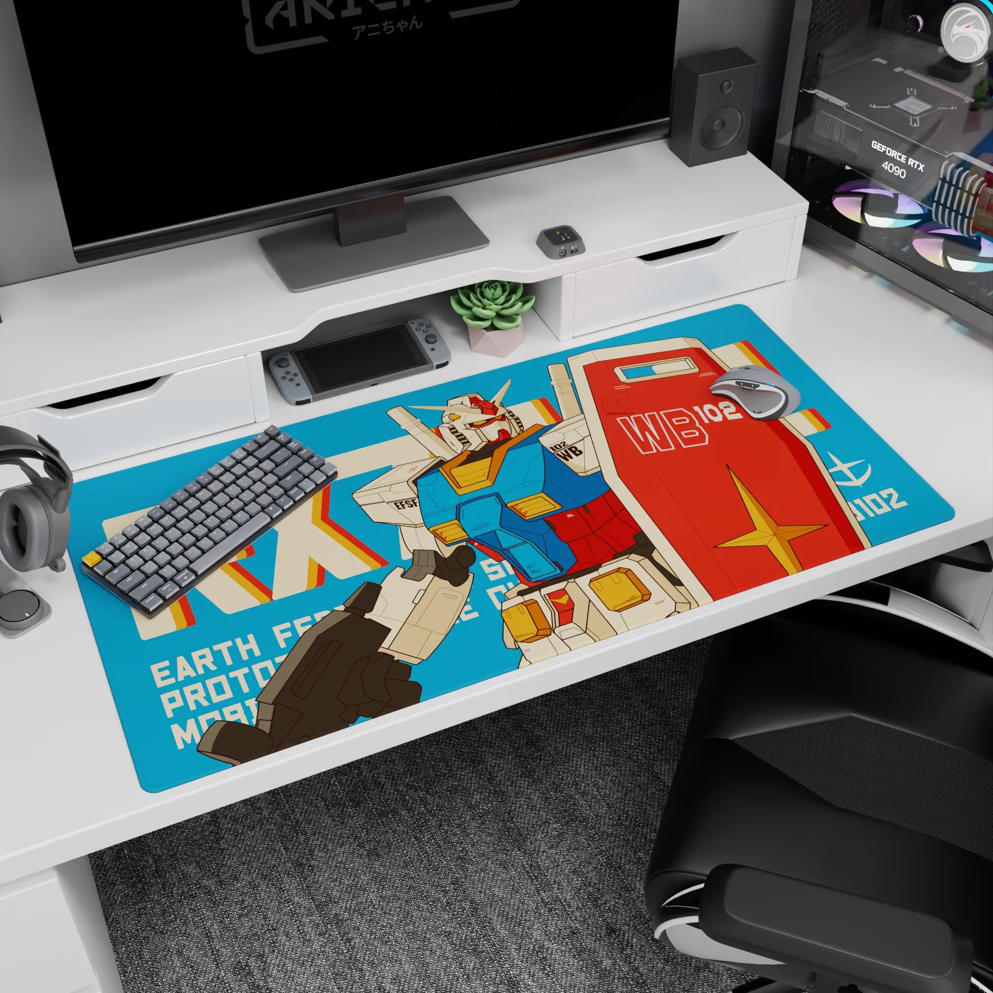 RX-78-2 Gundam stands guard on a 40x20 inches anime desk pad, shield forward, beam rifle ready.