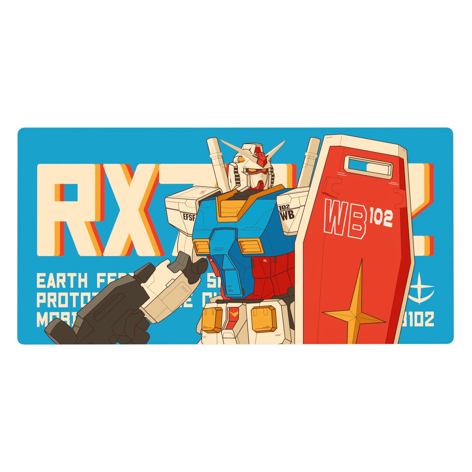 Retro RX-78 Gundam anime desk pad 40x20 inches with bold RX-78 lettering, shield and beam rifle.