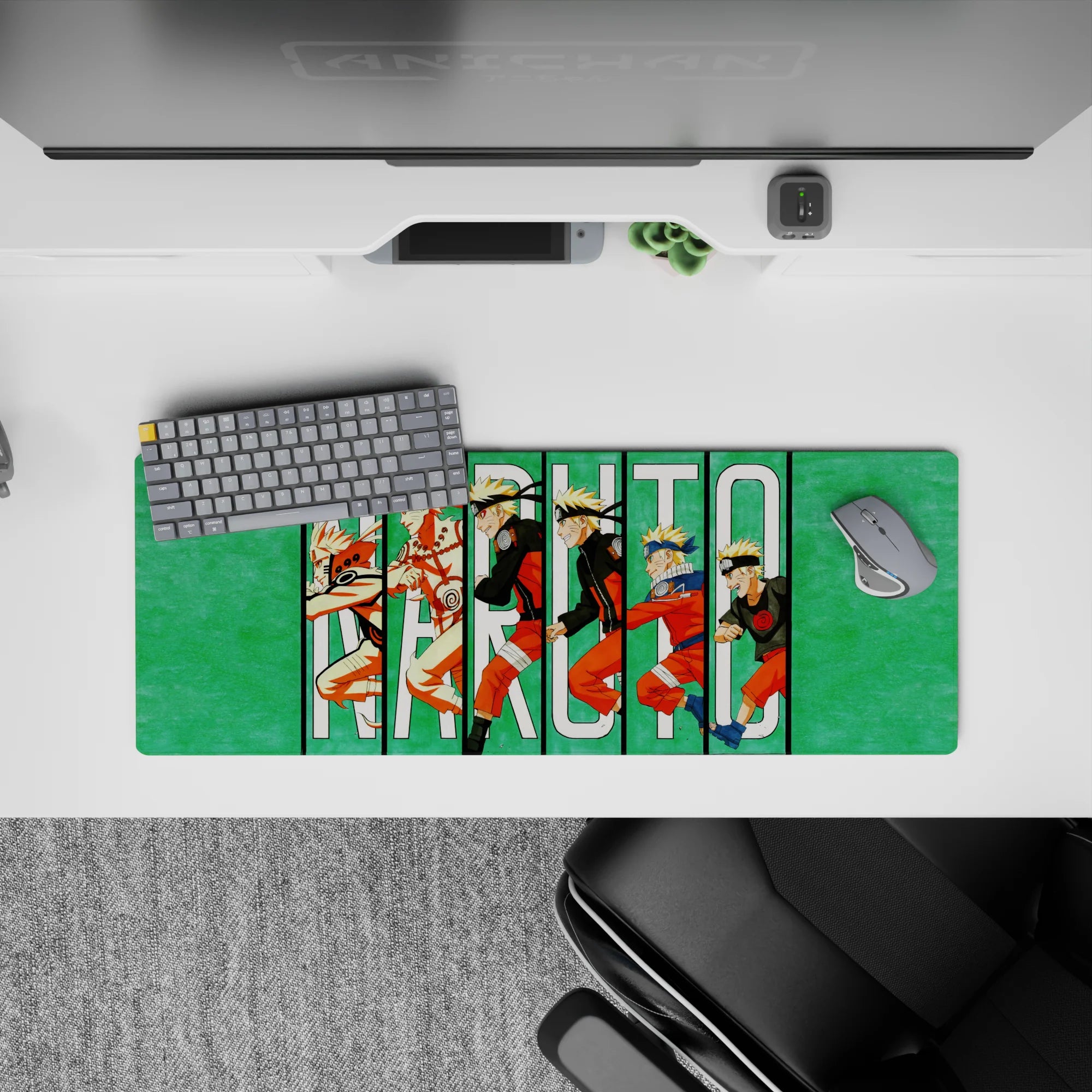 Naruto anime mouse pad 32x12 inches showcasing Naruto&#39;s journey from wild kid to Hokage with iconic looks and bold colors.
