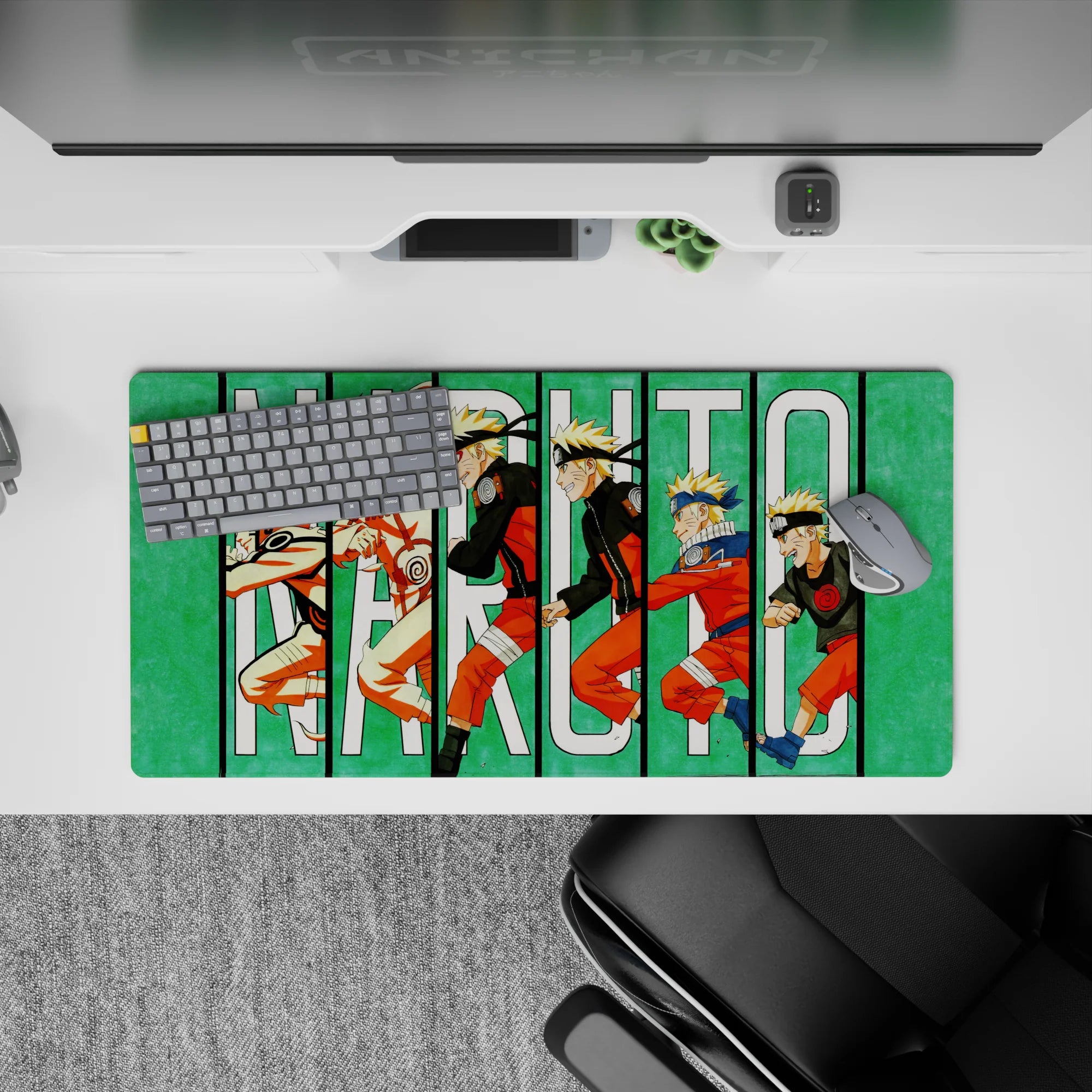 Anime mouse pad 32x16 inches featuring Naruto&#39;s journey from wild kid to Hokage, vivid colors on a green backdrop.