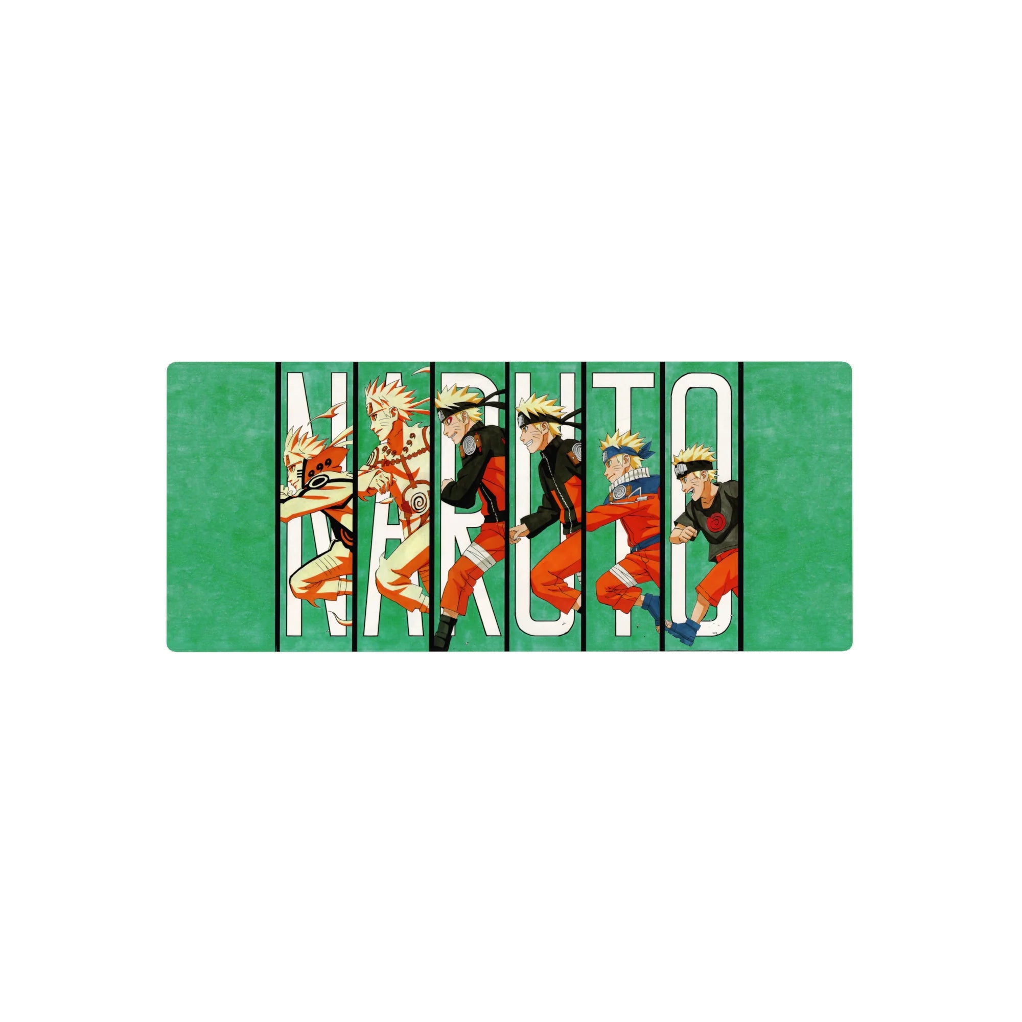 Naruto anime mouse pad, 28x12 inches, showcasing Naruto&#39;s journey from wild kid to Hokage with vibrant green and white design.