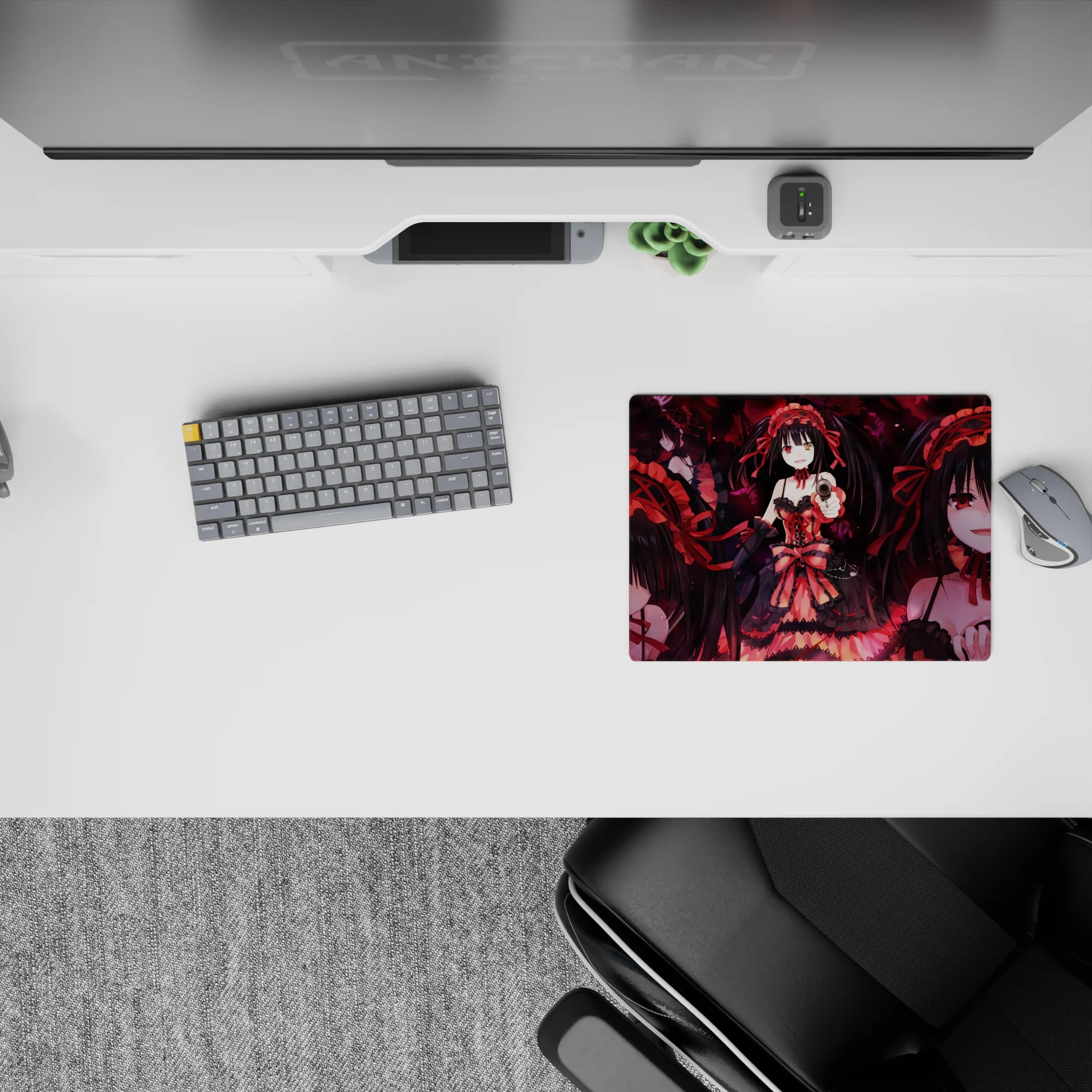 14x10 inches classic anime girl mouse pad in red and black, dark romantic glow with swirling petals.