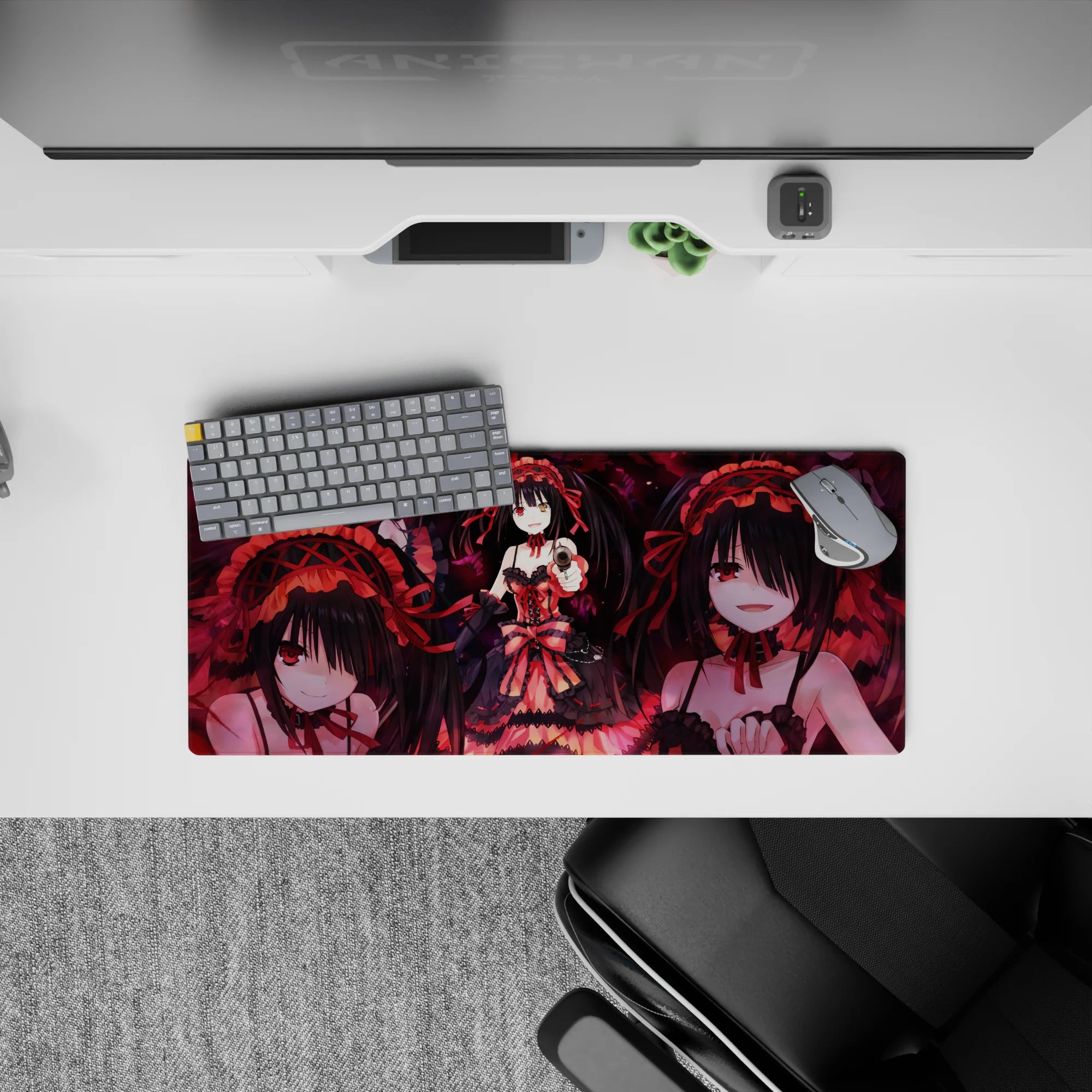 28x12 inches anime girl mouse pad in red and black gothic tones, dark glow, moody romantic chaos.