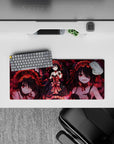 28x12 inches anime girl mouse pad in red and black gothic tones, dark glow, moody romantic chaos.