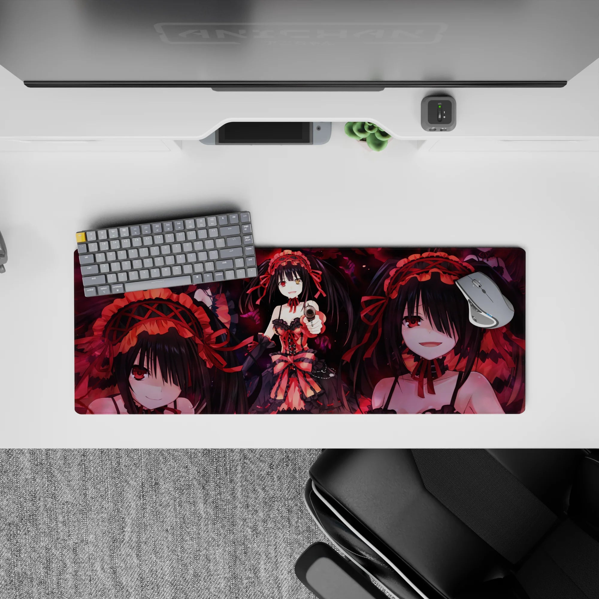 32x12 inches dark red and black anime mouse pad, moody gothic romance glow with crimson ribbons and frills.
