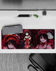 32x12 inches dark red and black anime mouse pad, moody gothic romance glow with crimson ribbons and frills.