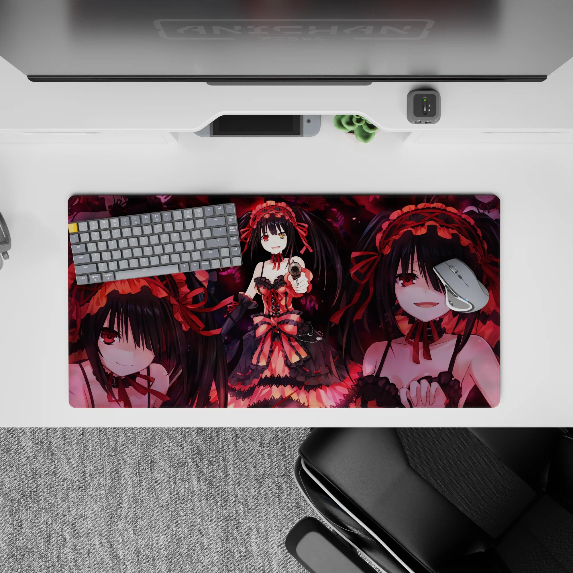 Moody crimson and black anime mouse pad 32x16 inches, dark romance glow with swirling rose petals.