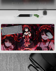Moody crimson and black anime mouse pad 32x16 inches, dark romance glow with swirling rose petals.