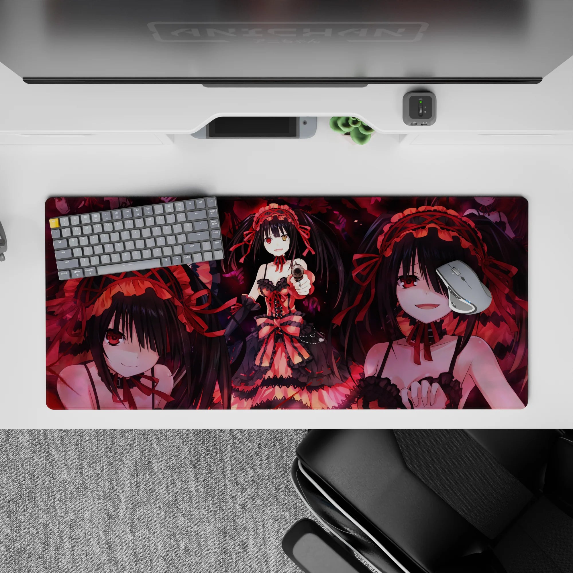 Dark red and black 36x16 inches anime desk pad with moody romance, swirling petals, and vivid gothic glow.