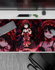 Red and black moody desk pad 40x20 inches with crimson ribbons, dark glow, and swirling petals.