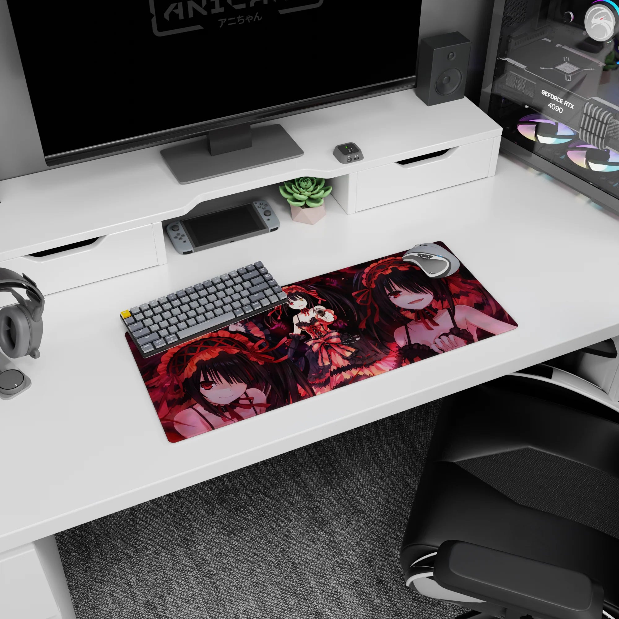 28x12 inches Kurumi Tokisaki mouse pad, crimson ribbons and twin tails aiming a pistol amid petals.