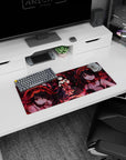 28x12 inches Kurumi Tokisaki mouse pad, crimson ribbons and twin tails aiming a pistol amid petals.