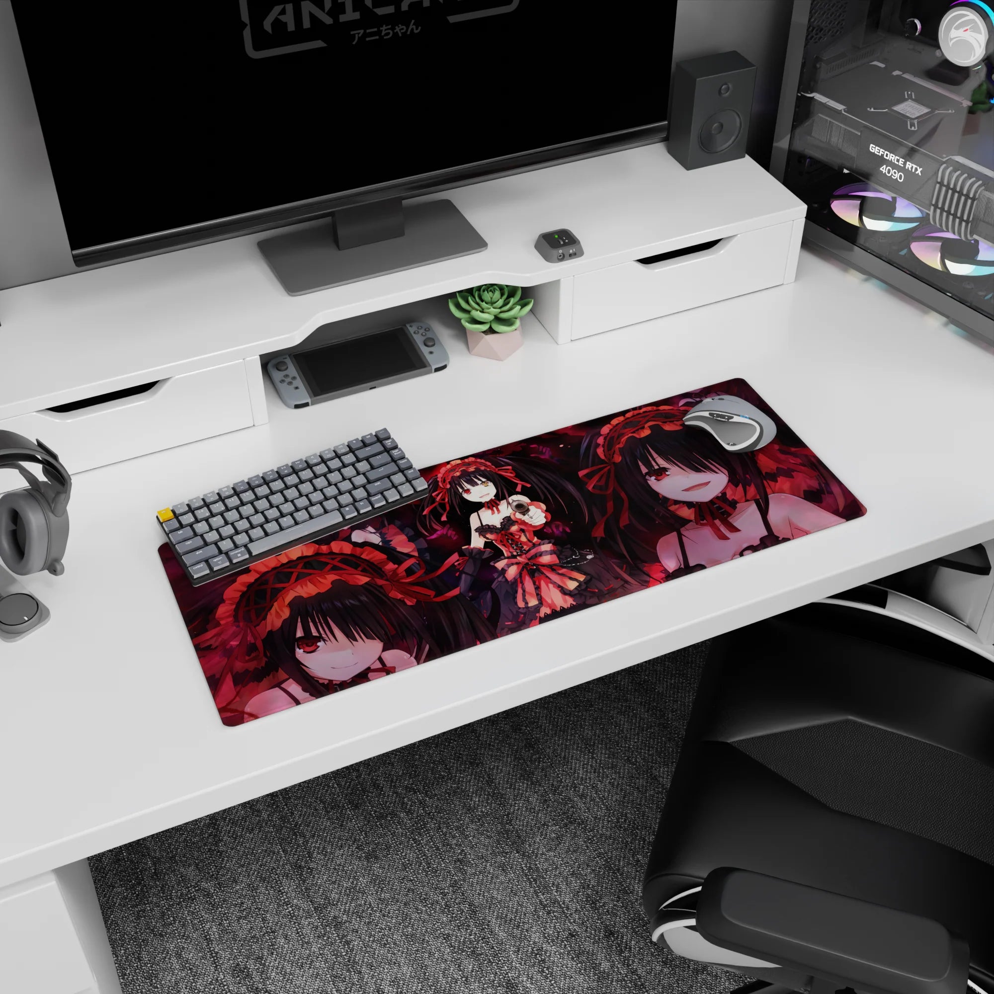 32x12 inches Kurumi Tokisaki mouse pad, sweet-danger grin, aiming pistol, petals drifting in dark light.