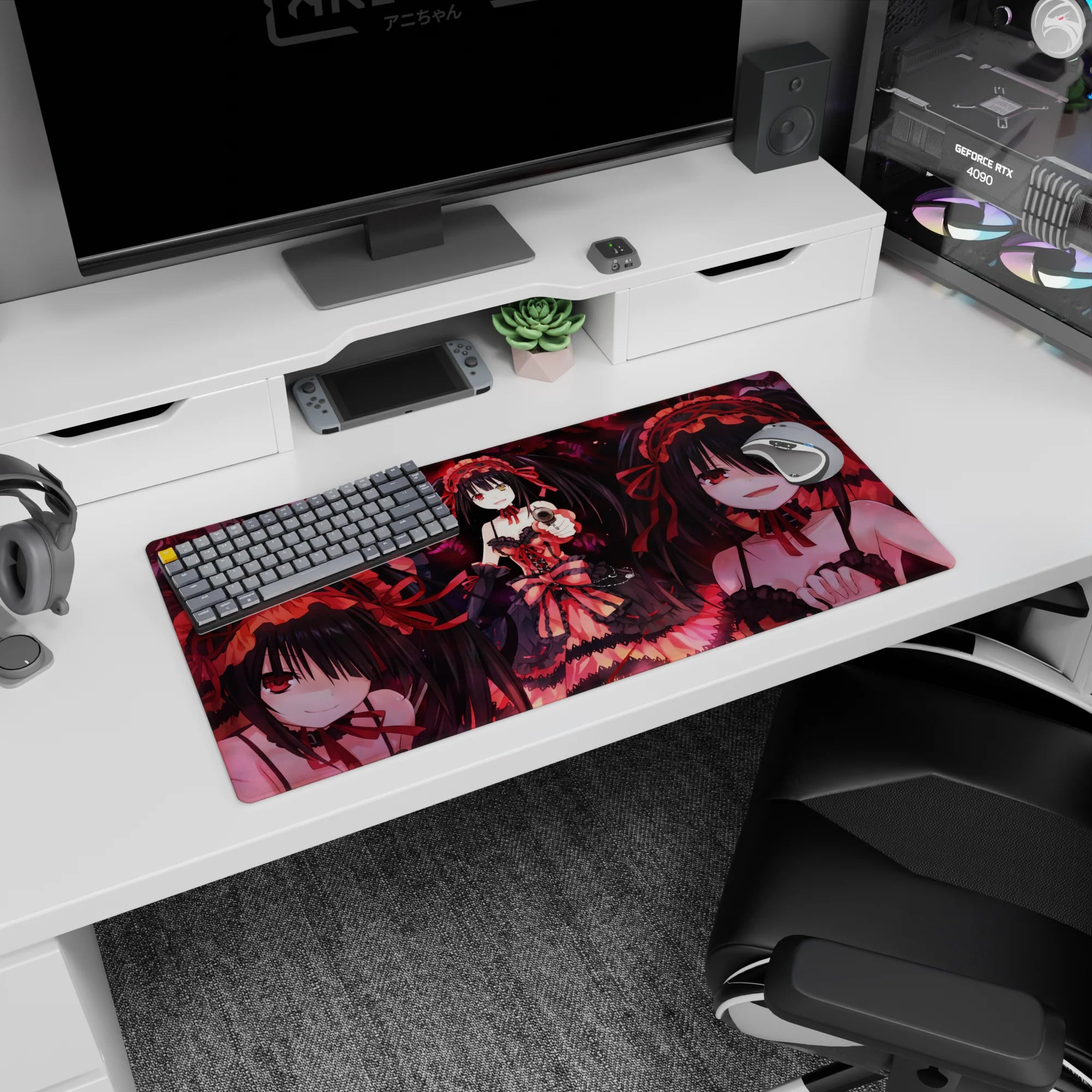 Kurumi Tokisaki anime girl mouse pad 32x16 inches, smirking in corset dress, aiming a pistol.