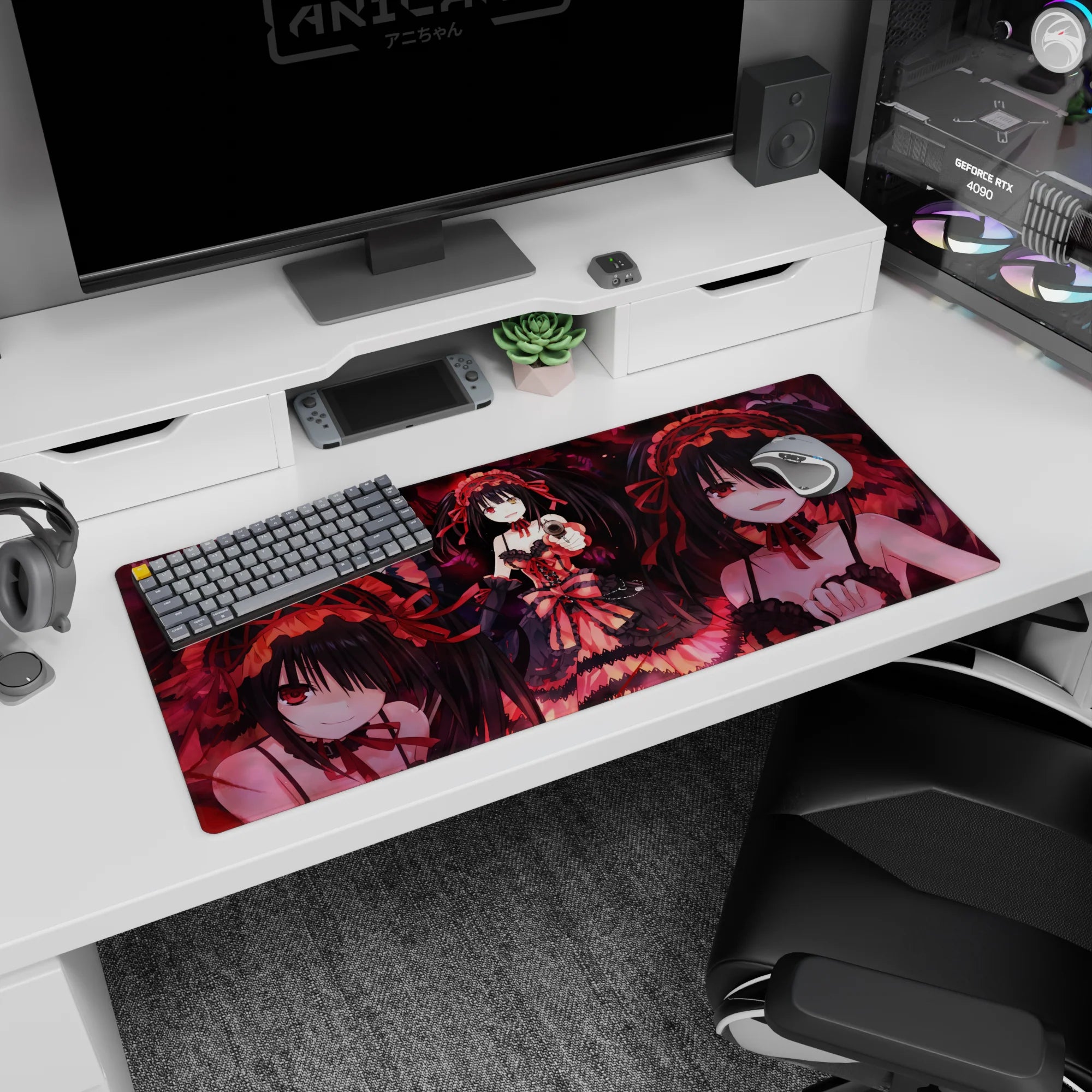 Kurumi Tokisaki anime desk pad 36x16 inches, twin tails in ribbons, pointing a pistol amid rose petals.