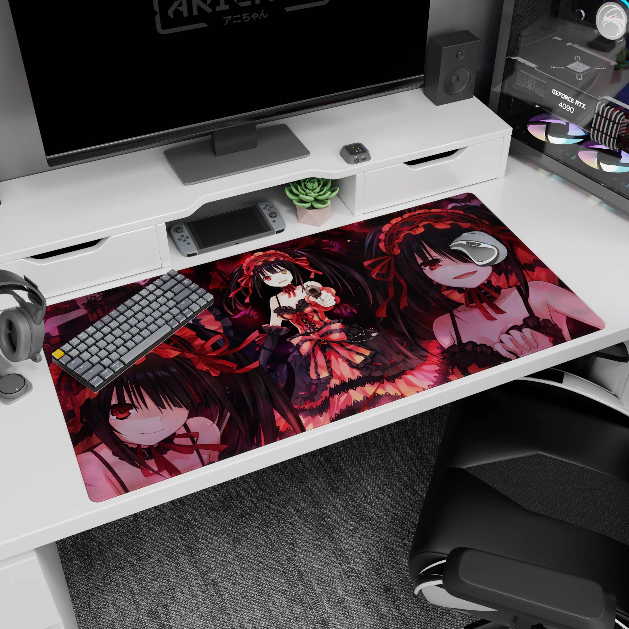 Kurumi Tokisaki anime desk pad 40x20 inches aiming a pistol, sweet-danger grin, gothic frills.