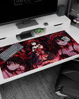 Kurumi Tokisaki anime desk pad 40x20 inches aiming a pistol, sweet-danger grin, gothic frills.