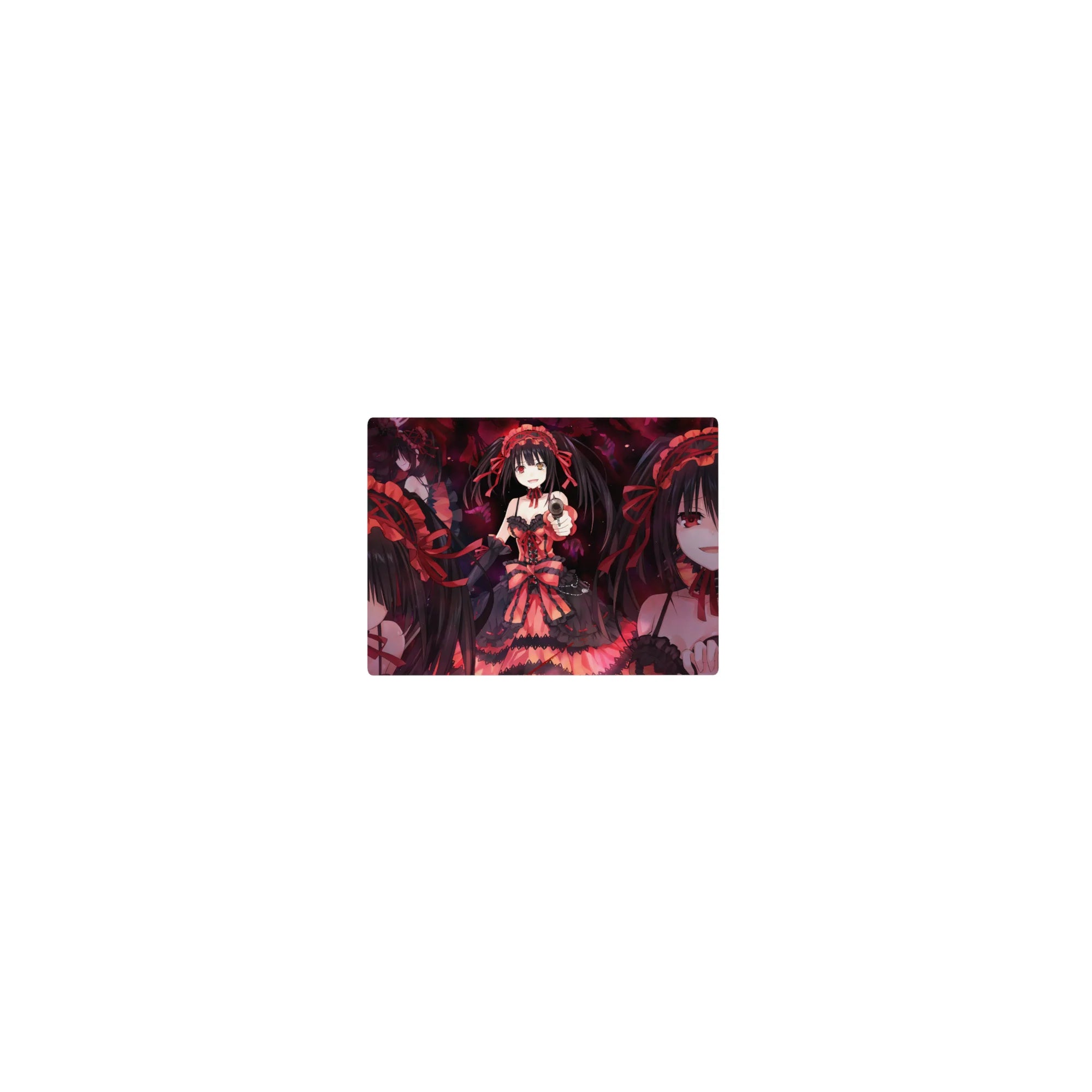 14x10 inches classic anime girl mouse pad with gothic lace dress, twin tails, ribbons, and pistol pose.