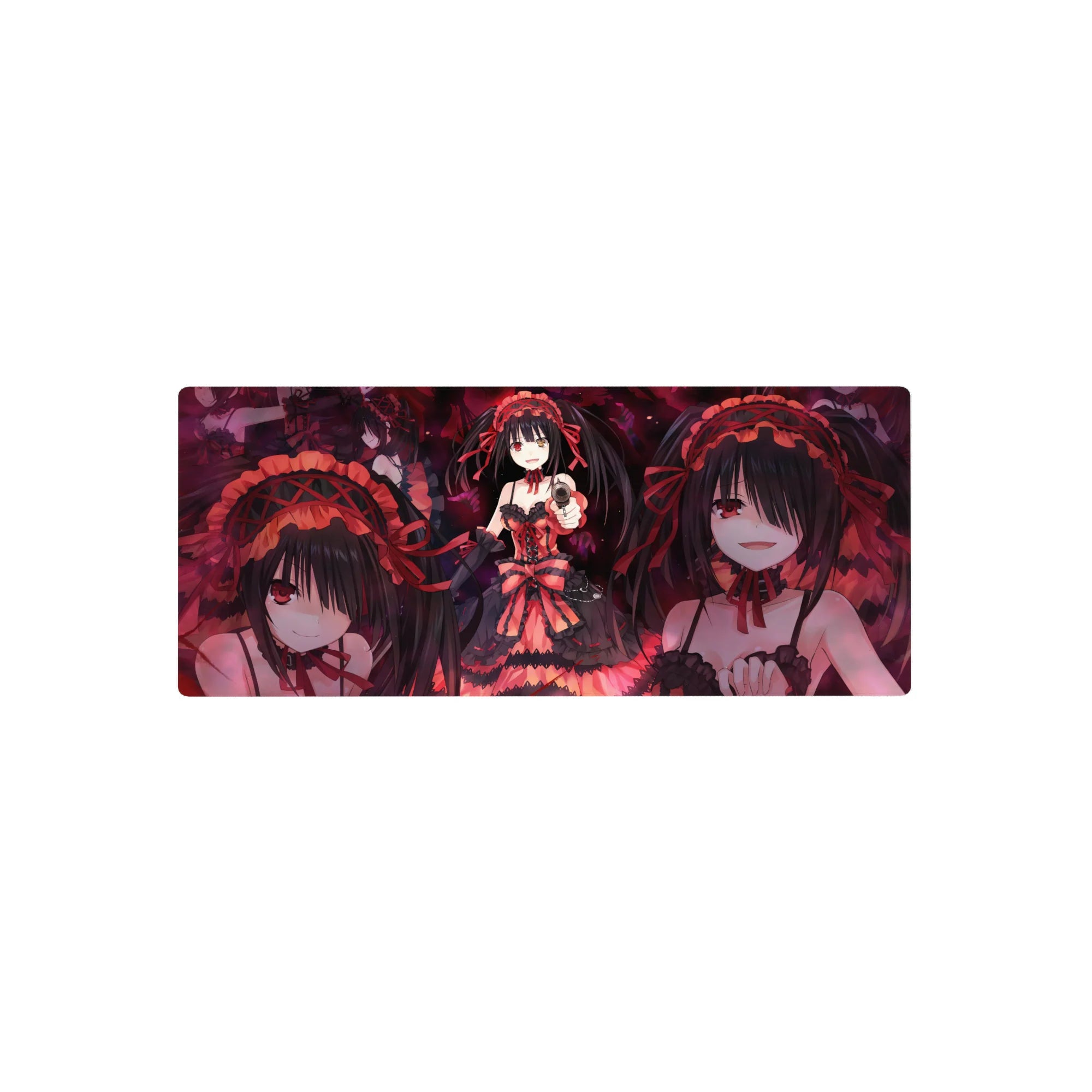 28x12 inches anime girl mouse pad with gothic lace dress, twin tails, pistol pose, swirling petals.