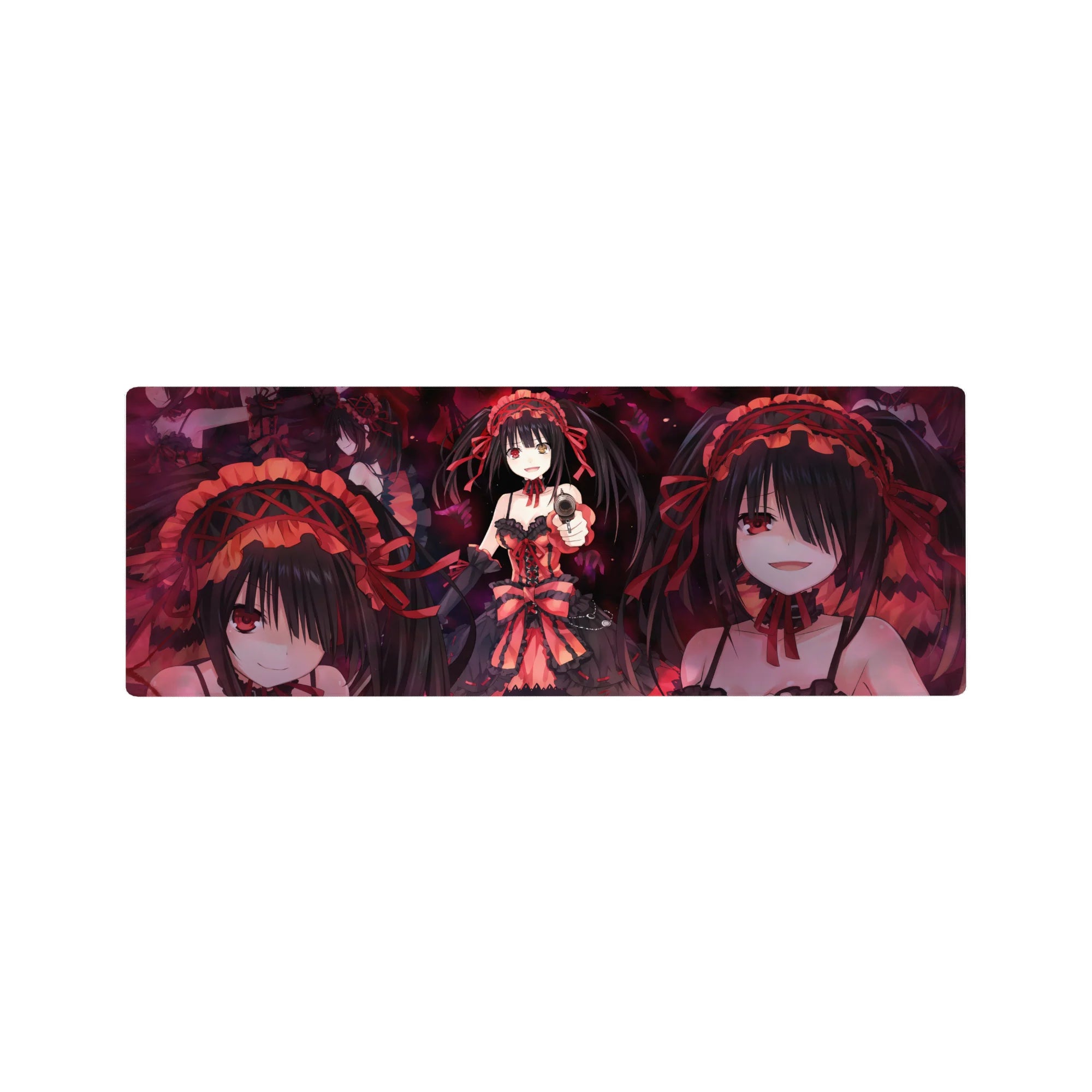 32x12 inches anime girl mouse pad with gothic lace dress, twin tails, pistol pose, and swirling petals.