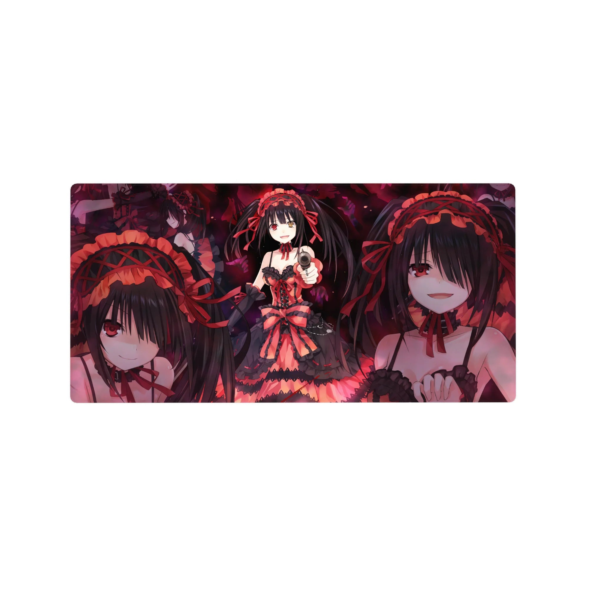 Gothic anime girl desk mouse pad 32x16 inches with twin tails, red-black lace dress, pistol and petals.