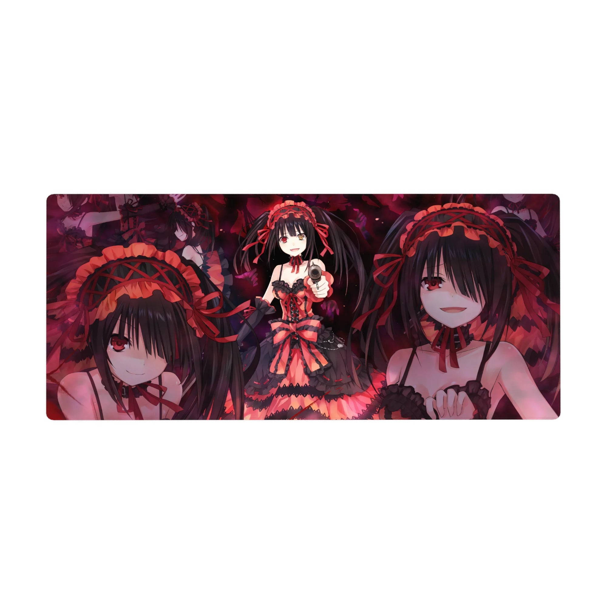 Anime girl desk pad 36x16 inches with gothic lace dress, twin tails, crimson ribbons, and pistol pose.