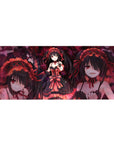 Anime girl desk pad 36x16 inches with gothic lace dress, twin tails, crimson ribbons, and pistol pose.